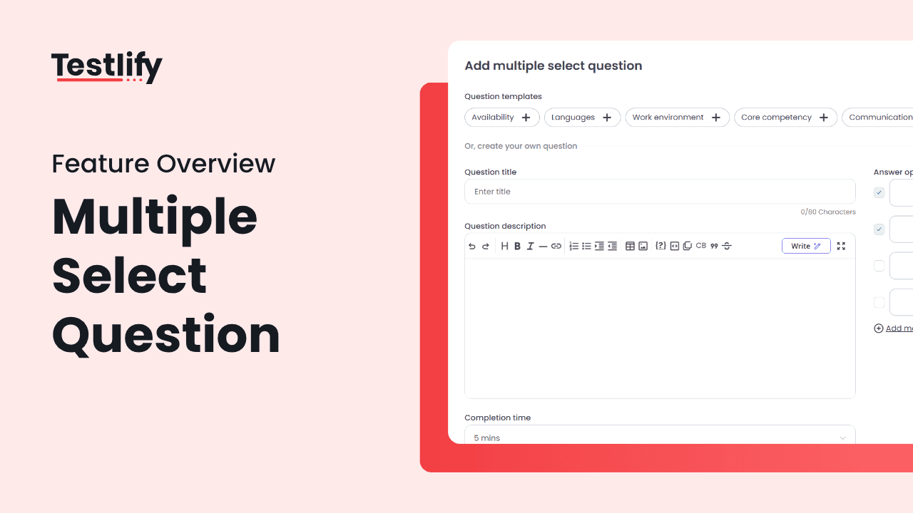 A multiple select question builder on Testlify