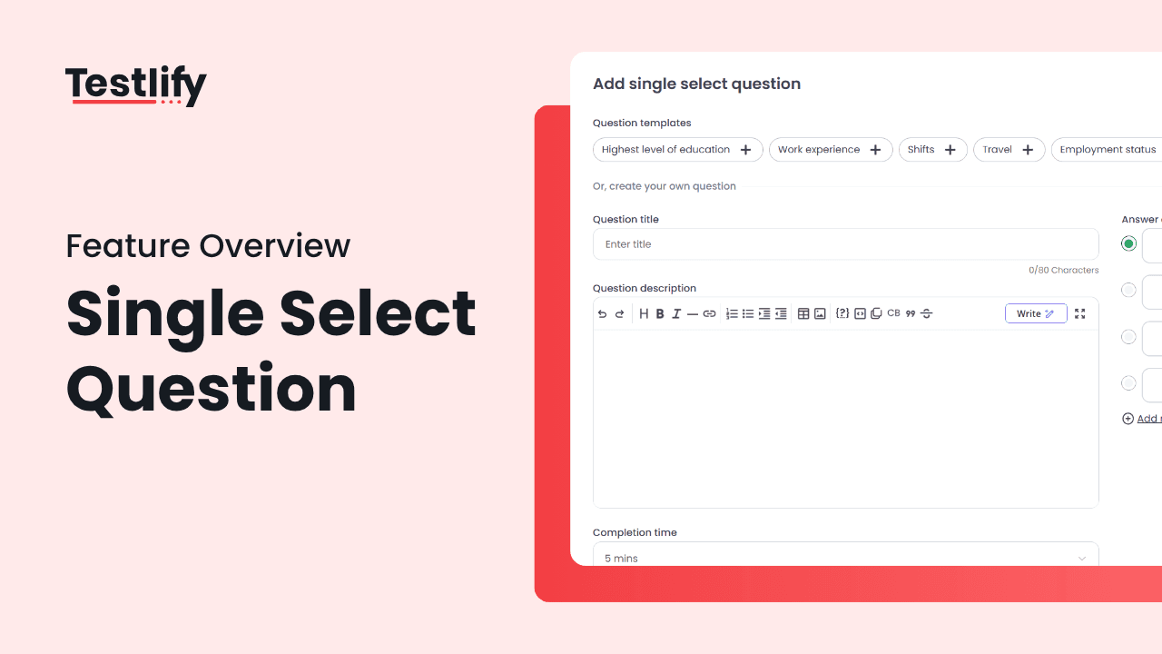 A single select question builder on Testlify
