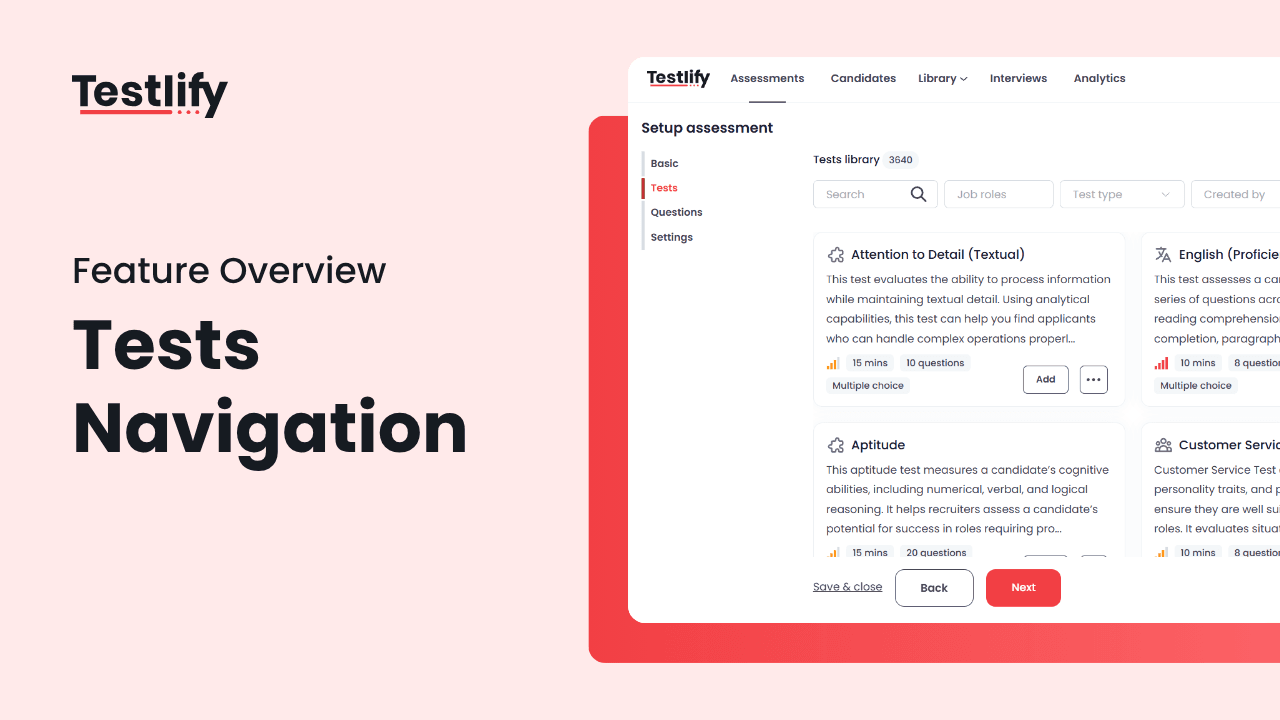 شاشة التنقل بين اختبارات Testlify توضح سير عمل إعداد التقييم