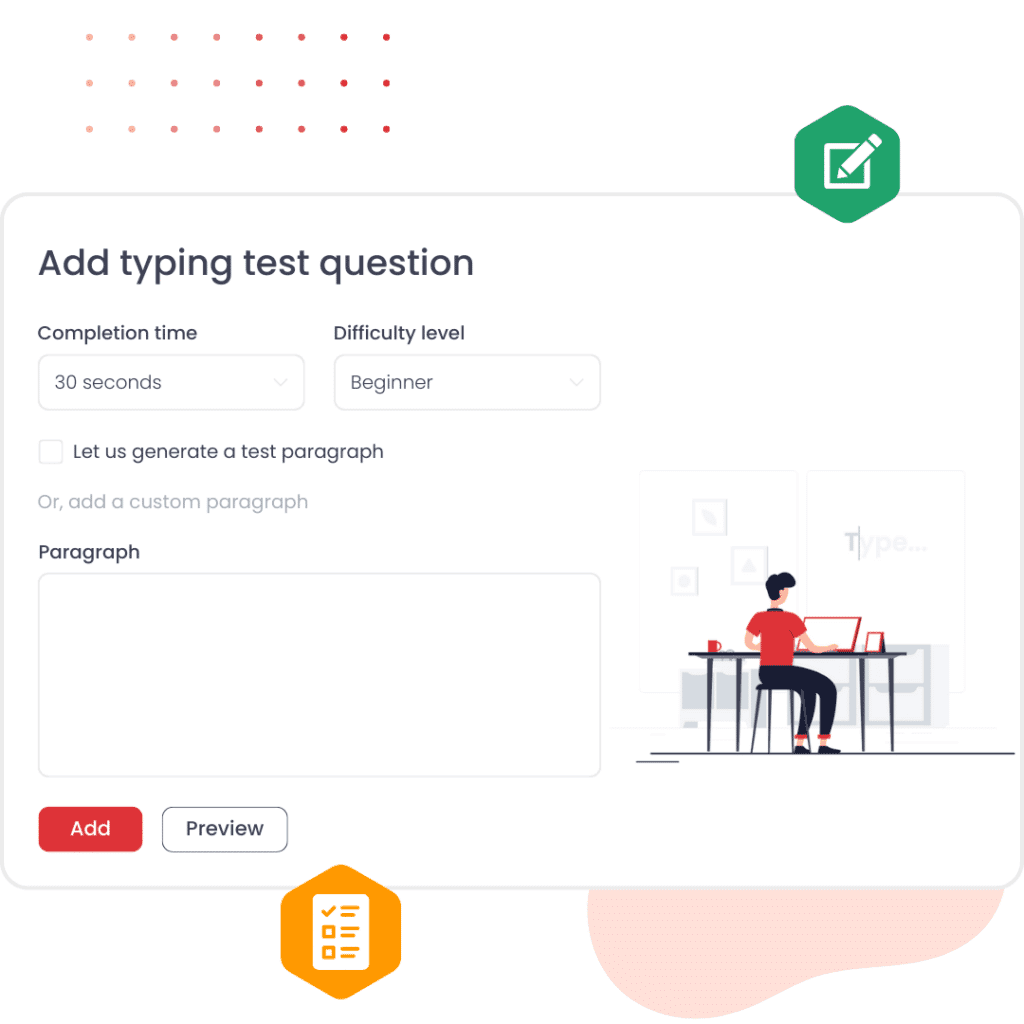 Typing test settings for time limit, difficulty and paragraph