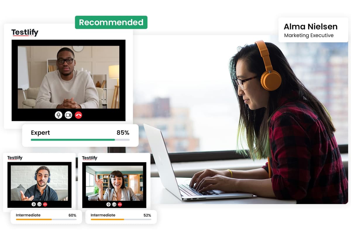 Testlify video interviewing tool showing candidate video responses with scoring