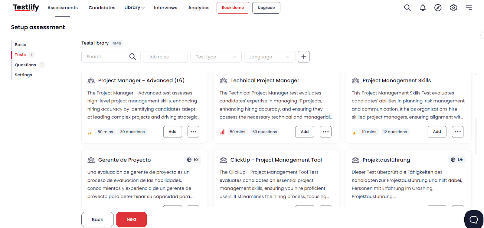 Different skills tests offered by testlify