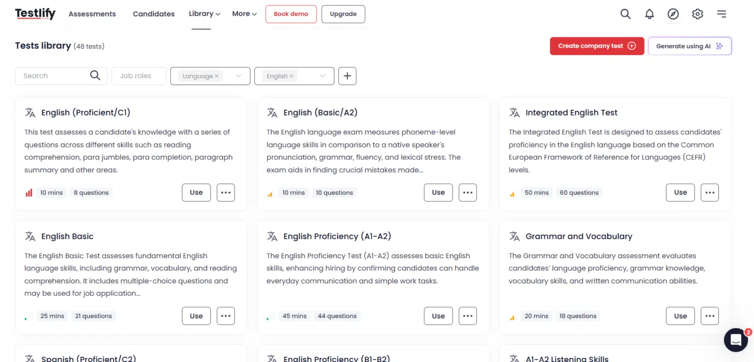 Language tests offered by Testlify 