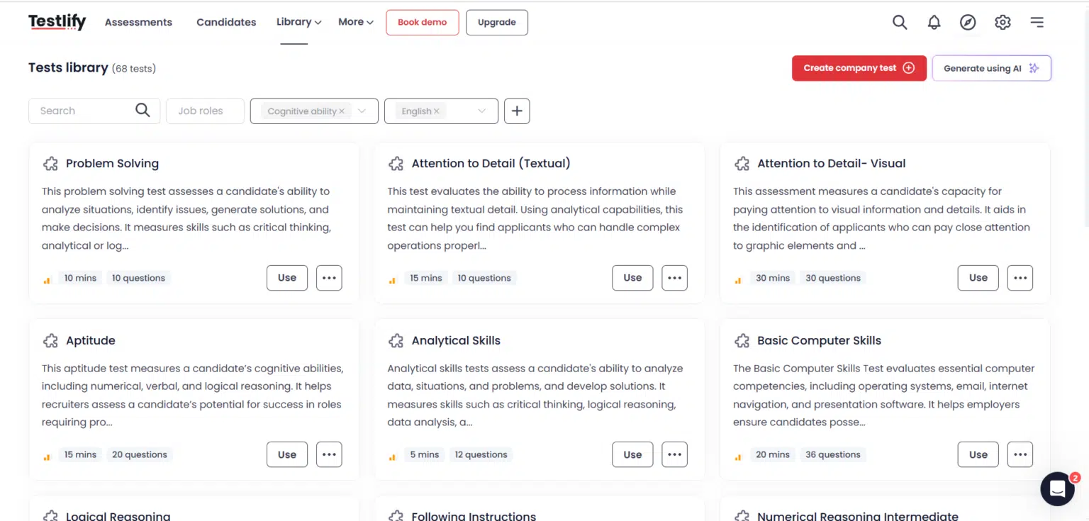 Cognitive ability tests offered by Testlify