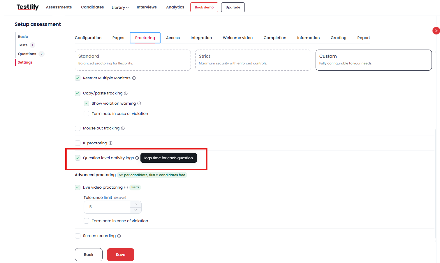 Question level activity logs proctoring feature