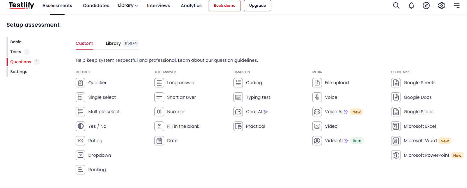 Testlify different types of questions