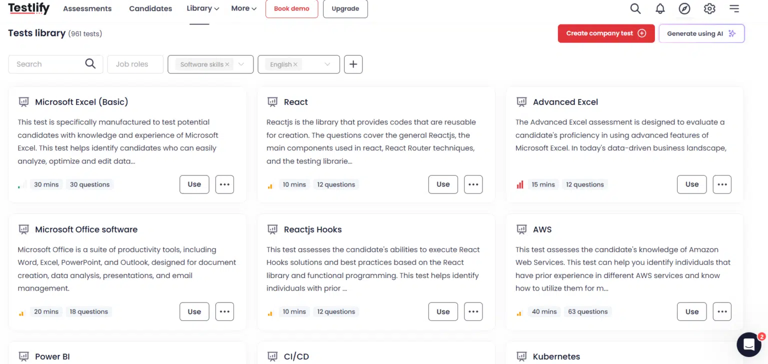 Software skills tests offered by Testlify as employment tests