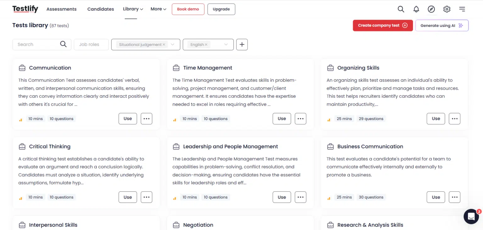 Situational judgment tests offered by Testlify