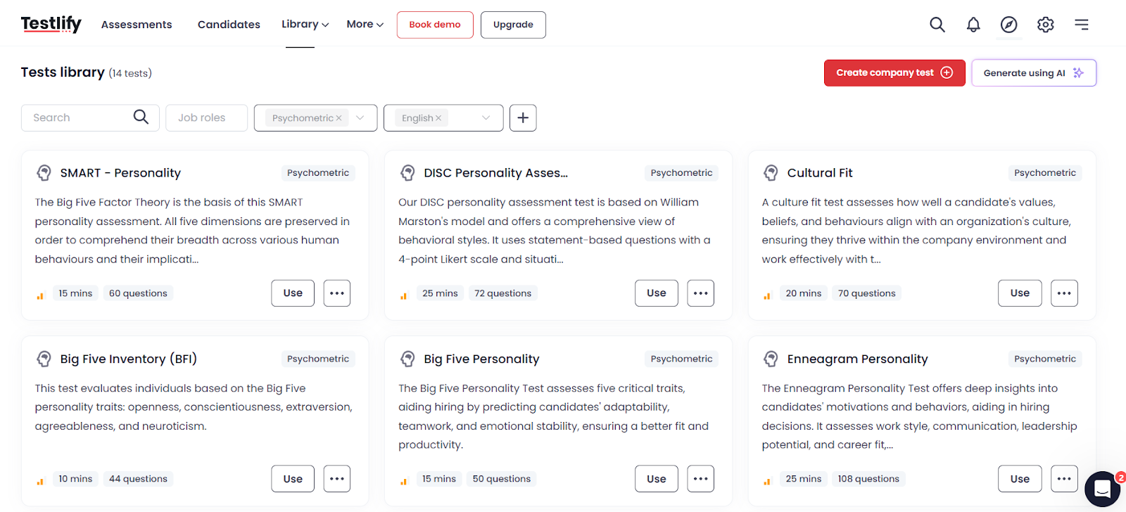Psychometric employment assessments offered by Testlify