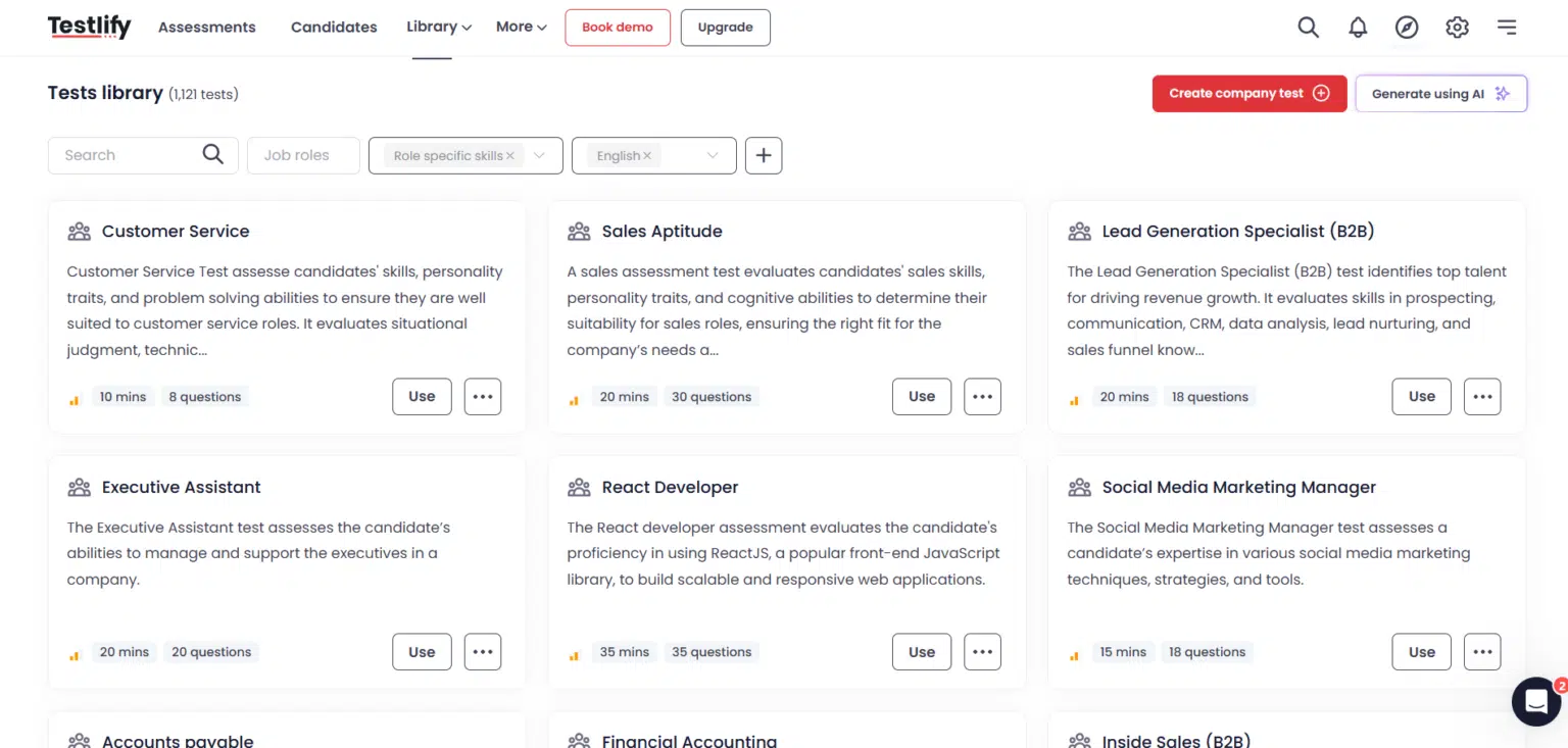 Role specific tests offered by Testlify