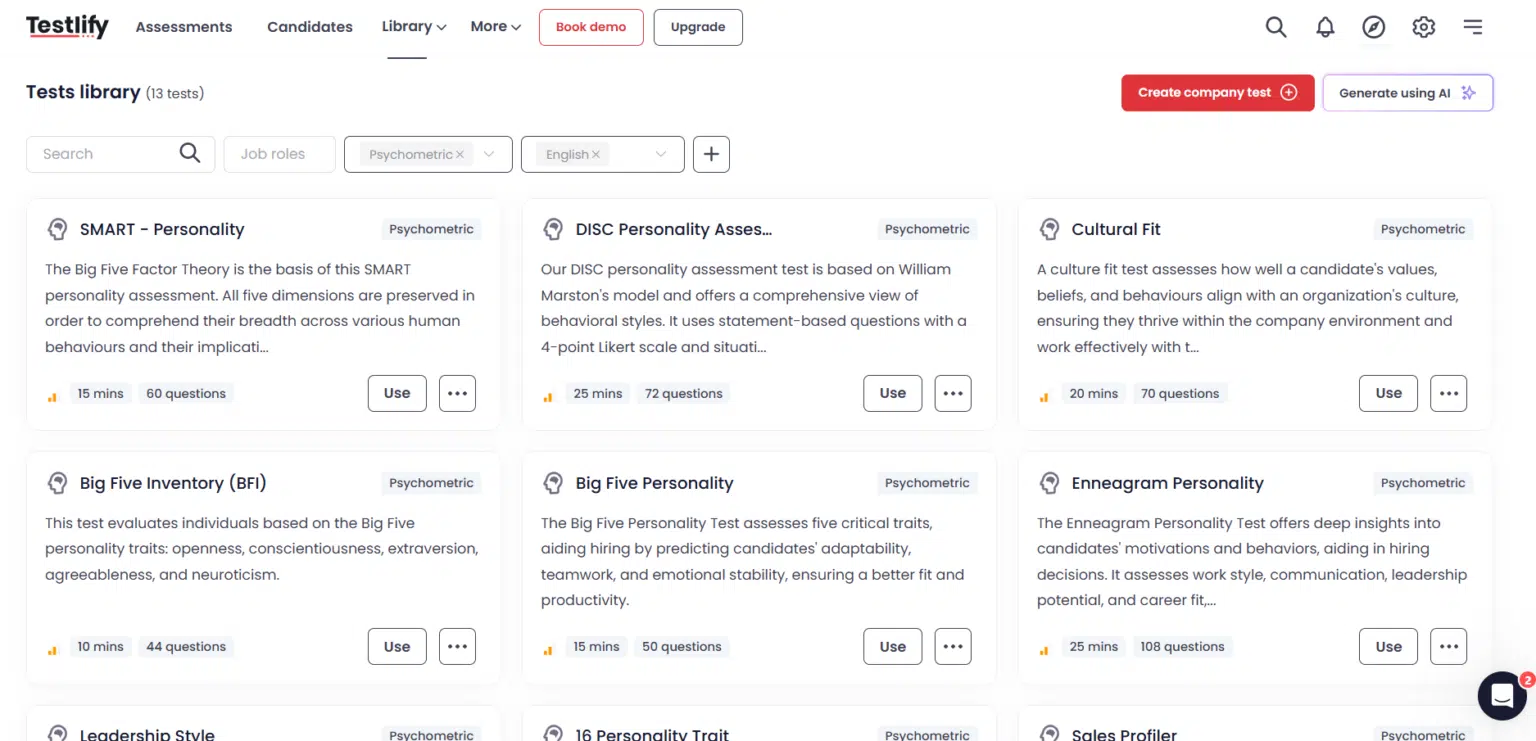 Psychometric tests offered by Testlify