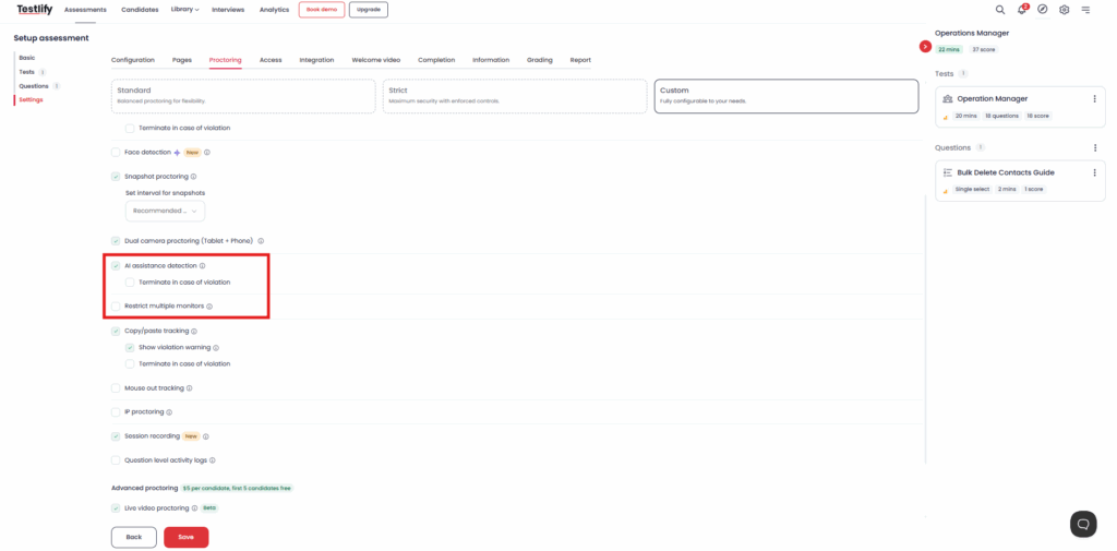 Image showing Testlify's assessment setup screen with the AI assistance detection option enabled, allowing recruiters to flag answers generated by tools like ChatGPT automatically.