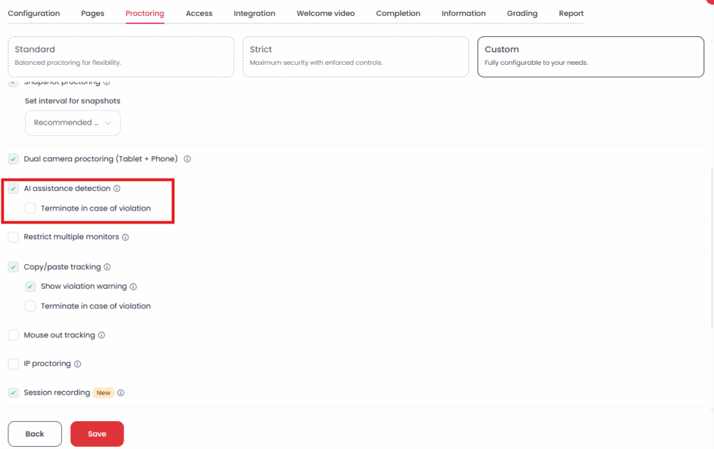 Testlify proctoring setting with AI-assistance detection enabled and an option to end the exam when AI-generated responses are detected