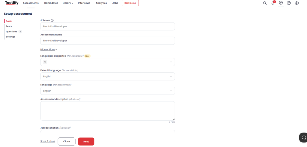 image showing Testlify assessment setup page with job role, assessment name, language, and description fields