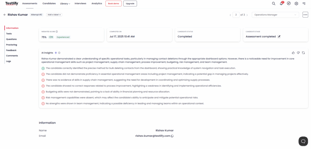 Image showing Testlify's candidate report interface.