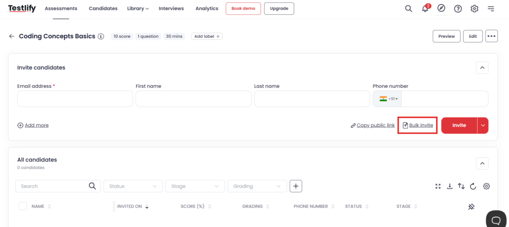 image showing Testlify candidate invite screen with email fields and bulk invite option