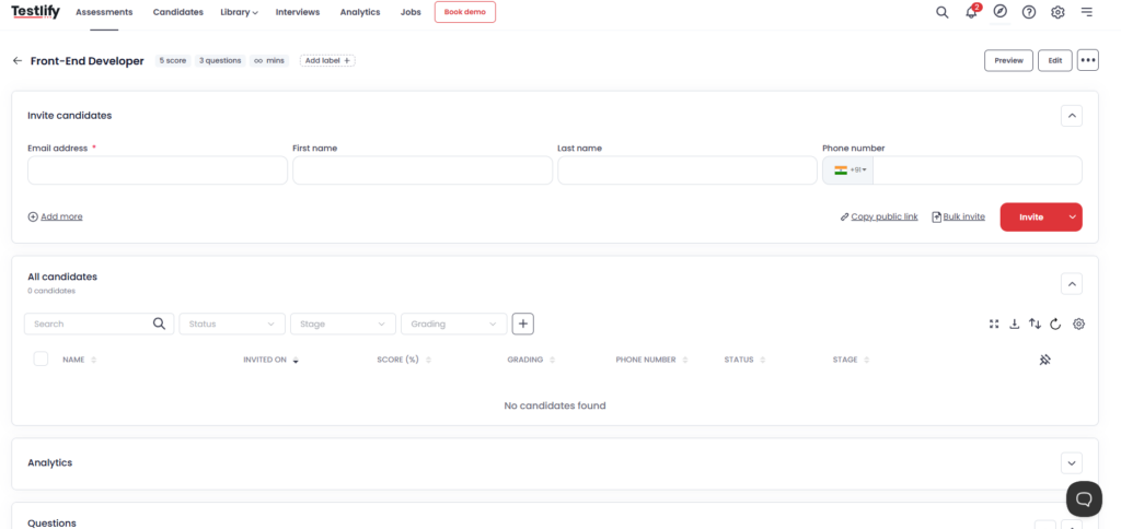 Image showing the Testlify “Invite candidates” screen with fields for email/name/phone, options to copy a public link or bulk invite, and a candidates table below.