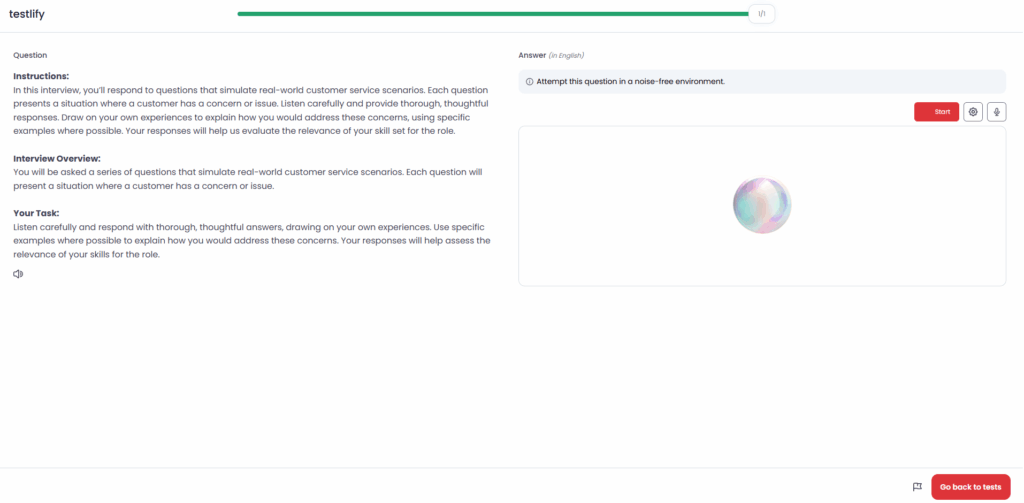 Image showing candidate view of AI audio interview prompt interface of Testlify