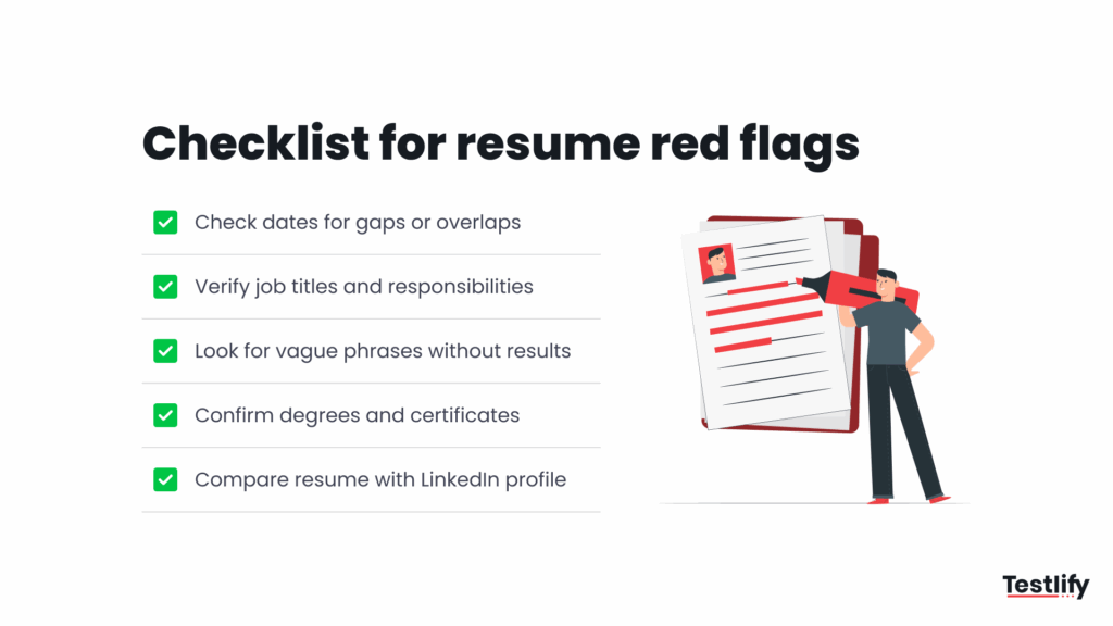 Image showing Checklist highlighting common resume red flags such as job gaps, inflated titles, vague phrases, and unverifiable education.