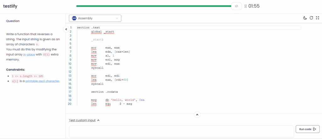 Image showing a coding task on Testlify where a candidate is asked to reverse a string using Assembly language.