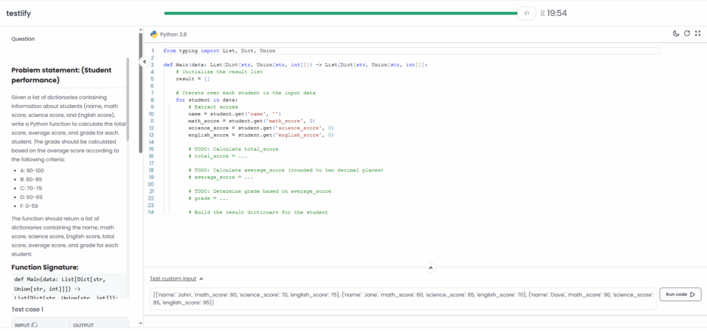 Image showing the coding test UI of candidate side from Testlify