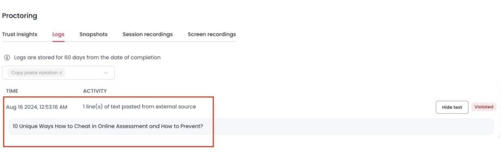 External copy-paste violation in proctored exams
