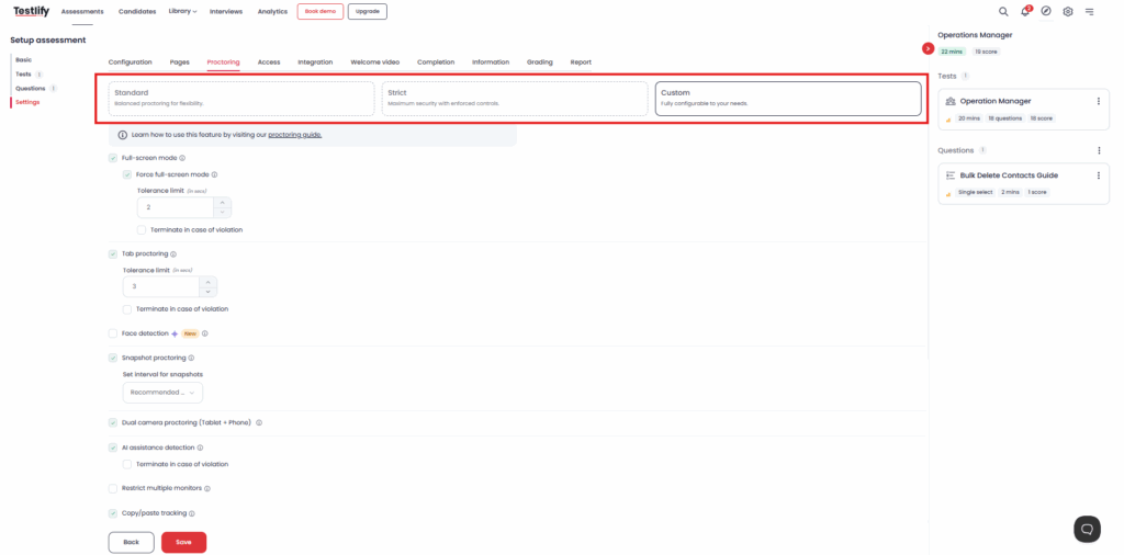 Testlify proctoring modes for different types of online test, from standard to strict to custom