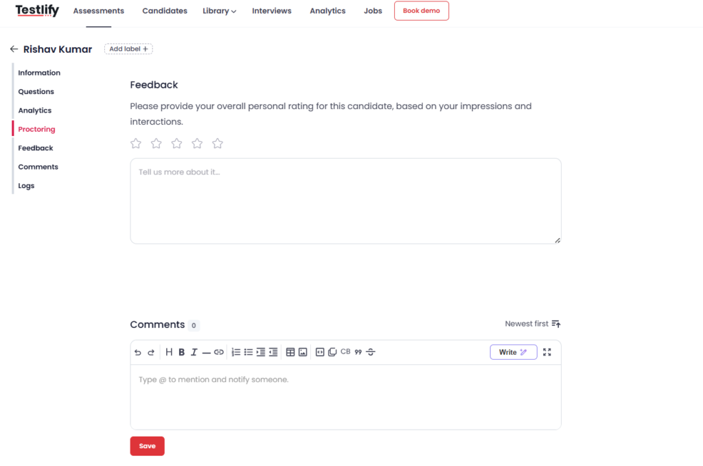 Image showing Testlify feedback and comments panel for sharing reviewer notes