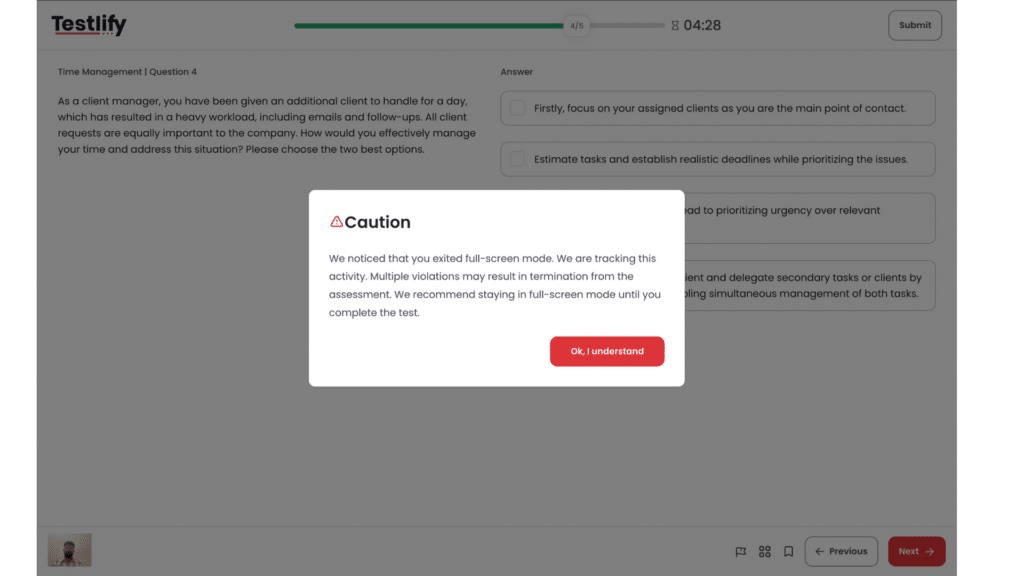 Image showing full-screen violation warning displayed during a proctored Testlify assessment, prompting candidates to return to secure mode.