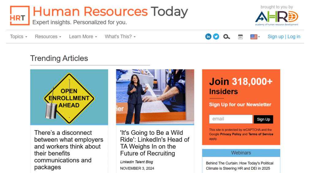Home page of the Human Resources Today website