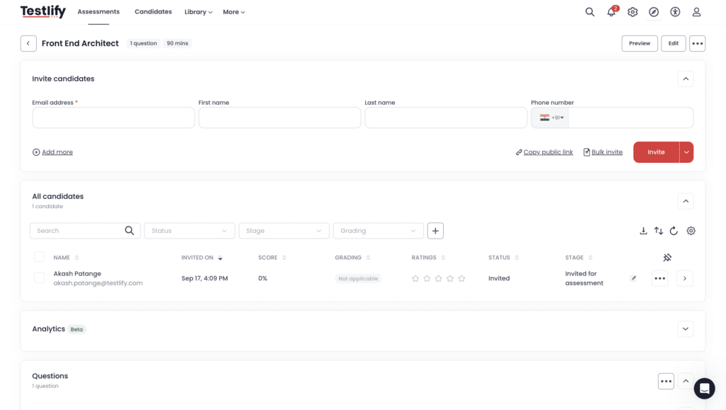 Inviting candidates to a live coding assessment in Testlify