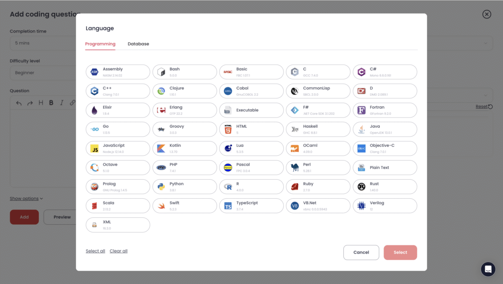 Programming languages supported for Testlify live coding assessments, including Node.js, Python, and Java