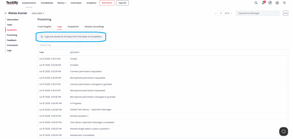 Testlify proctoring log displaying activity timestamps and a note on 60-day retention policy.