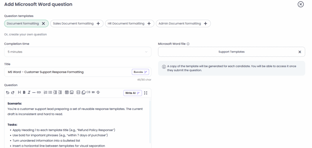 Sample Microsoft Word skills question in an online assessment