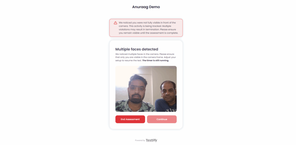Image showing Testlify warning screen fior multiple face detection