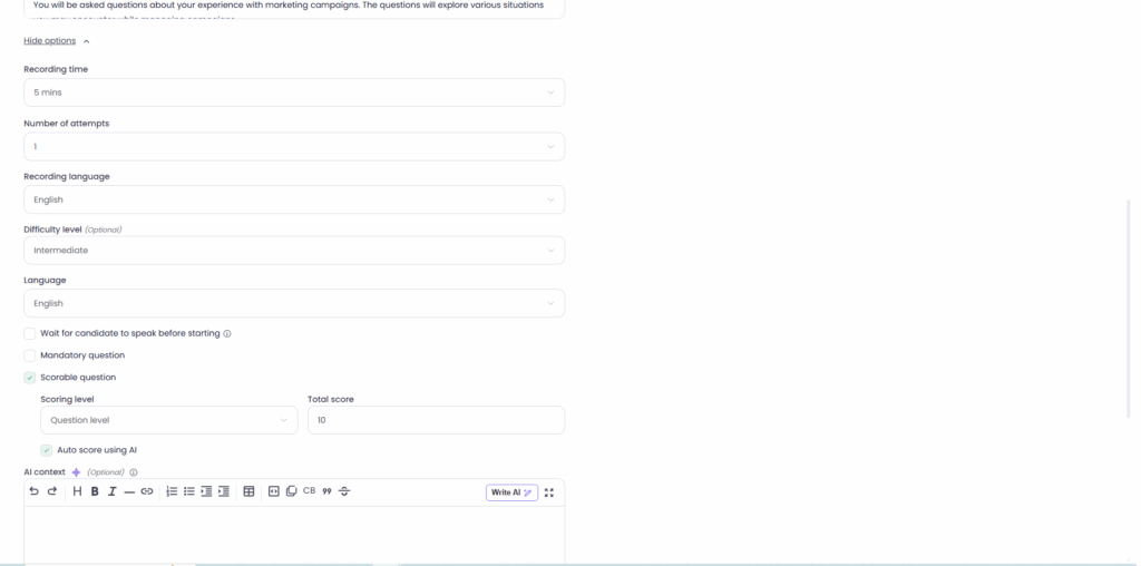 Image showing custom settings for voice AI scoring and insights