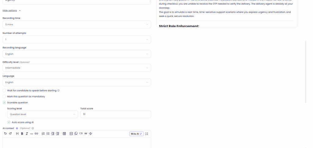 Dashboard showing customizable settings for video AI interviews
