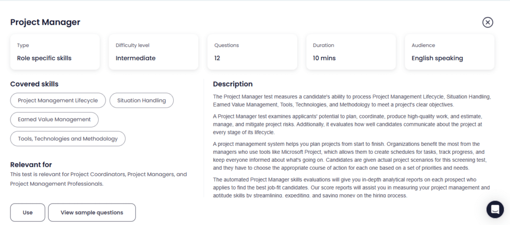 Project manager test details