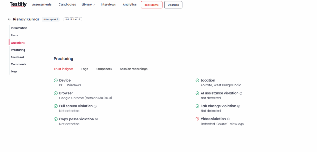 Image showing the report which shows how the proctoring works and what it present in front of the recruiter post assessment.