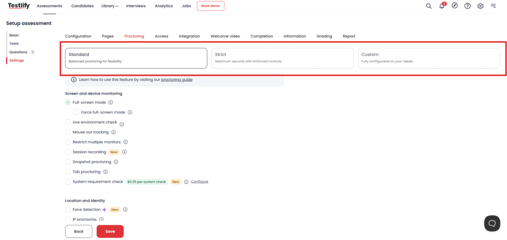 image showing the Testlify assessment setup screen with Standard, Strict, and Custom proctoring options for configuring stricter online exam oversight
