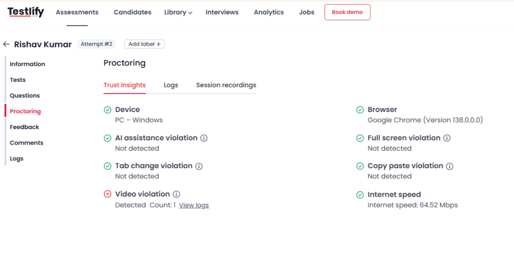 Screenshot of Testlify proctoring trust insights showing device, browser, and detected violation signals.
