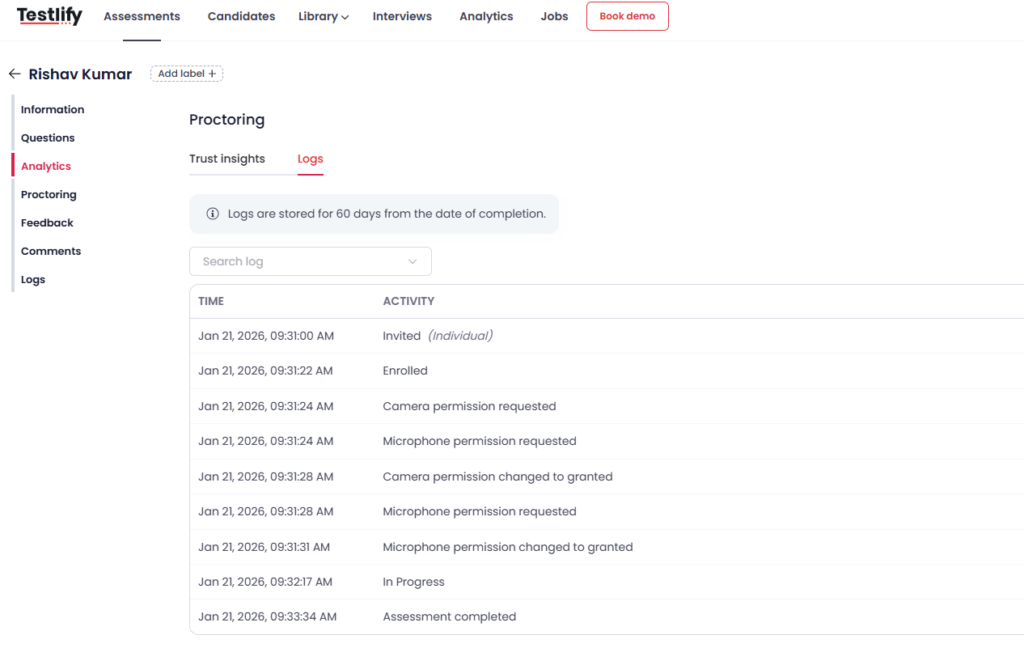 Testlify proctoring logs showing candidate activity timeline