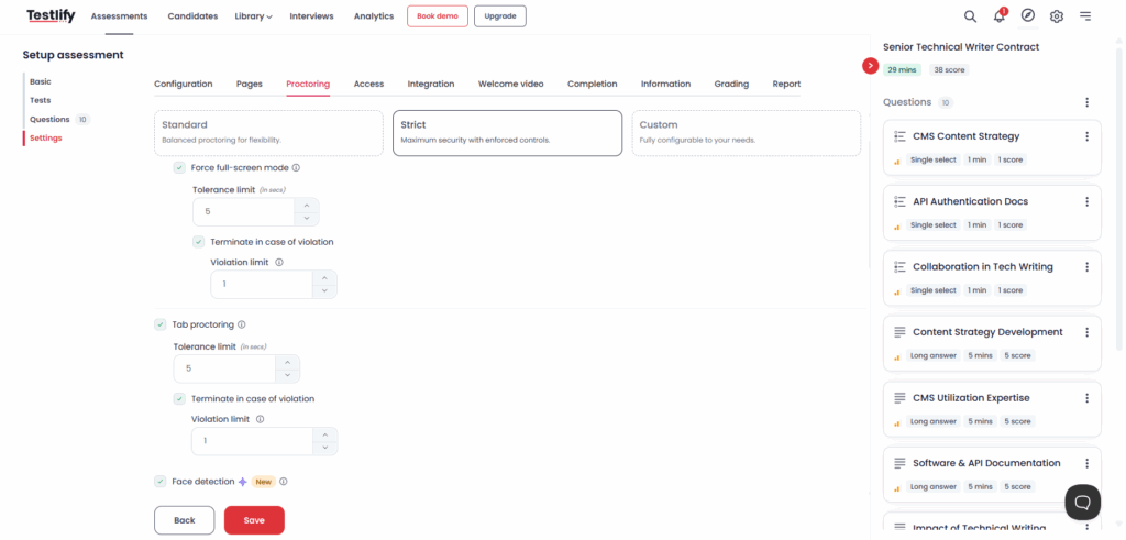 Image showing Testlify proctoring configuration panel showing full-screen enforcement, tab proctoring, and customizable violation limits under different security modes.