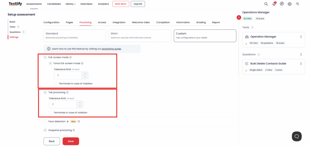 Image showing Testlify proctoring settings screen with full-screen and tab-switch tolerance controls.
