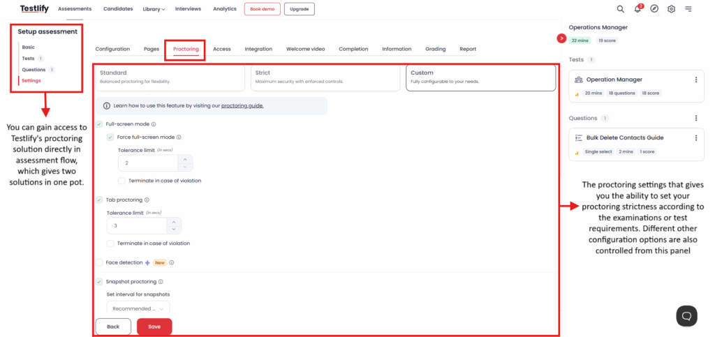 Screenshot of Testlify assessment setup showing proctoring controls inside the workflow.