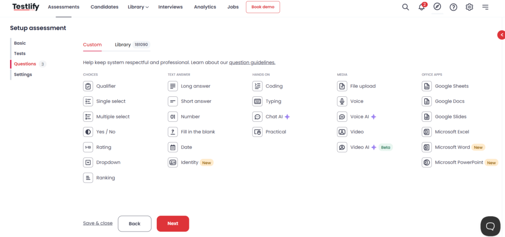image showing the Testlify assessment builder with qualifying questions, custom question formats, and weighted scoring options for structured candidate screening