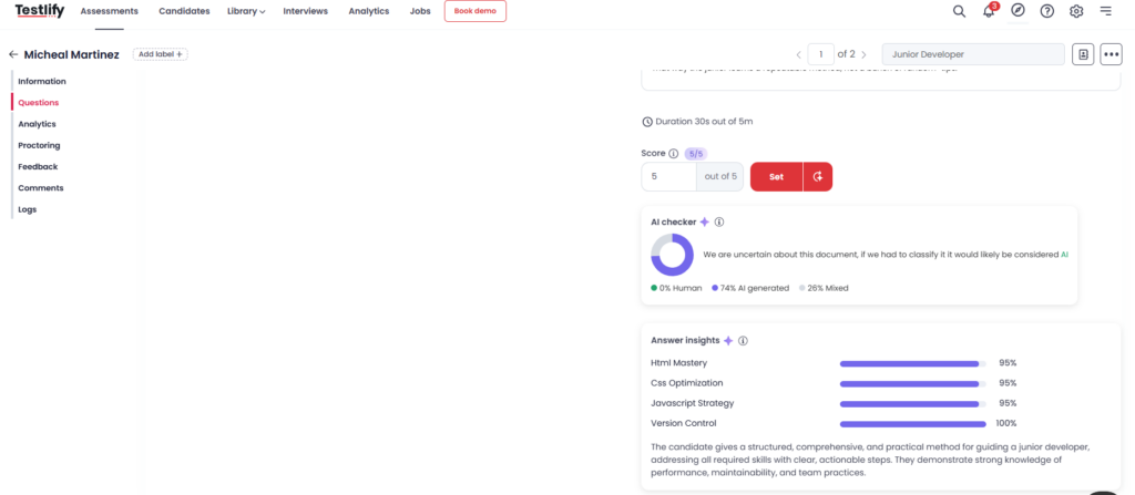 Image showing Testlify AI checker result and skill wise Answer insights for a long answer response.