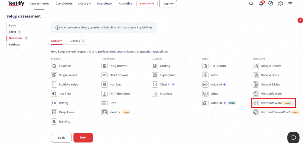 Example practical Microsoft Word assessment questions for candidates