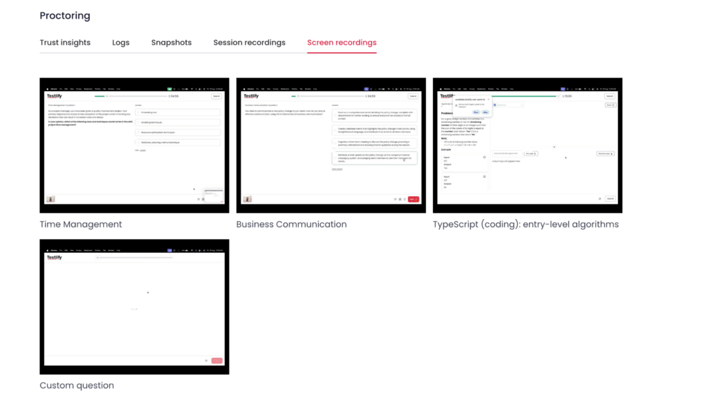 Screenshot of Testlify screen recordings page showing recorded assessment screens for review.