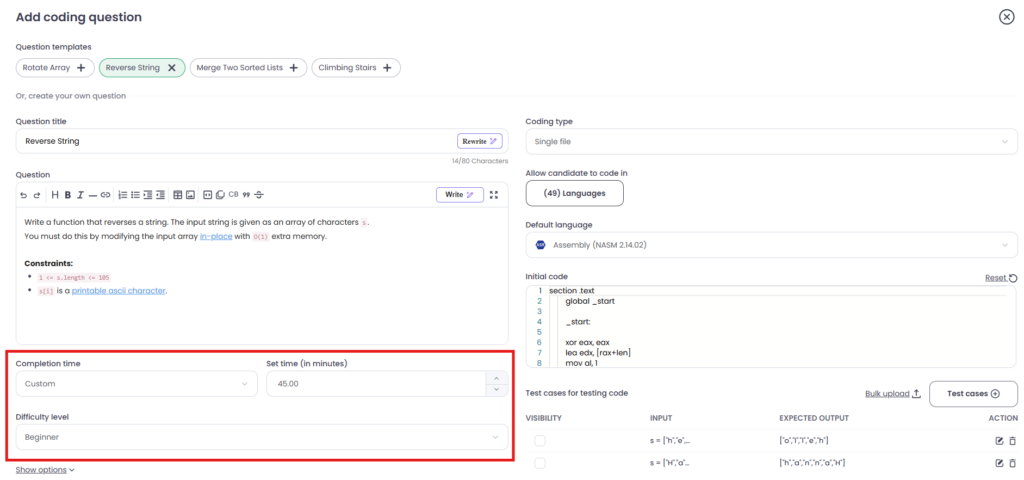 Image showing a Testlify “Add coding question” editor for “Reverse String,” with completion time, difficulty level, supported languages, initial code, and test cases.